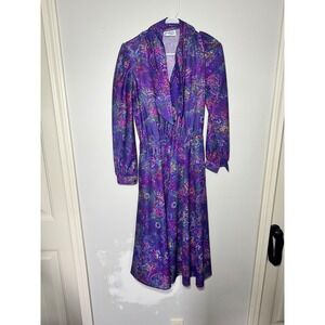 1980s Bedford‎ Fair Vintage Purple Paisley Midi Dress Elastic Waist Size 10
